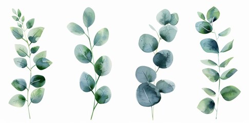 A collection of vibrant green leaves with various shapes and sizes, set against a clean white backdrop - obrazy, fototapety, plakaty