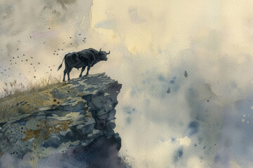 A painting showing a cow confidently standing on top of a cliff, with its surroundings and the vast landscape below