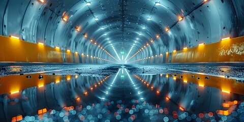 "D Rendering of a Curved Tunnel with Glowing Ceiling Lights Reflected in Puddle on Dark Street". Concept 3D Rendering, Curved Tunnel, Glowing Ceiling Lights, Puddle Reflection, Dark Street