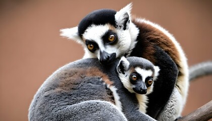 a lemur with its tail wrapped around another lemur upscaled 5 - obrazy, fototapety, plakaty