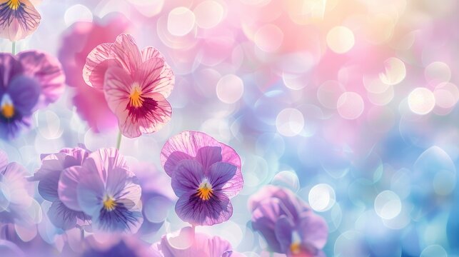 pastel bokeh kawaii background with pansy flowers
