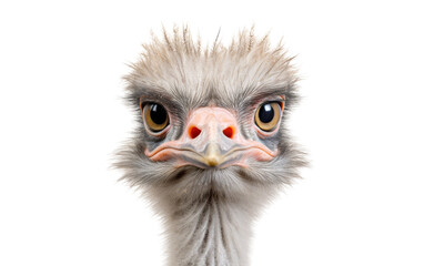 Close-up of an ostrichs regal and curious head against a clean white backdrop