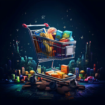 Shopping cart full of books and other items on abstract city background
