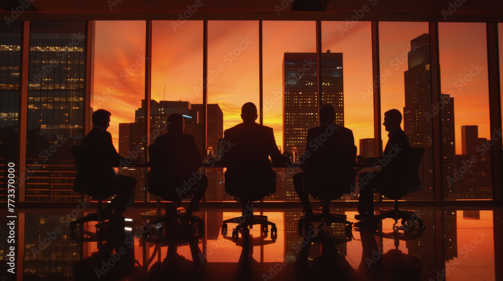 Poster diverse group of individuals sitting at a table in front of a window, engaged in conversation and po