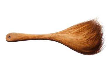  A wooden brush gently holds long hair against a serene white background © FMSTUDIO