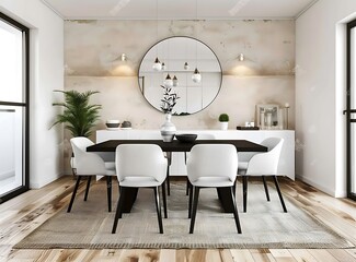 Modern dining room with white chairs, a black table and a beige rug on a wooden floor