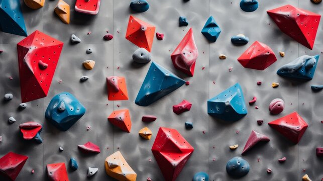 Rock-climbing wall with vibrant red and blue grips