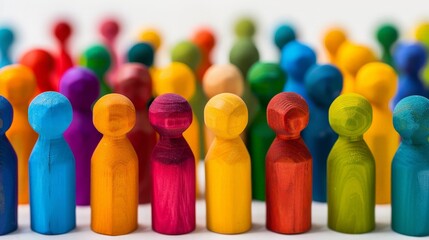Colorful wooden dolls representing people, concept of diversity and plurality