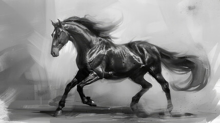 A grayscale painting of a powerful horse galloping, captured in mid-stride with a dynamic and fluid motion