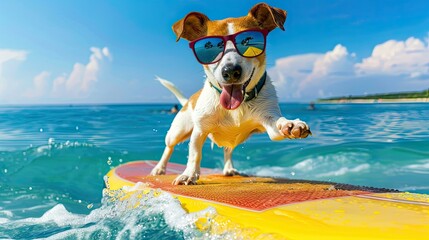 Catch waves of joy with a surfing dog sporting sunglasses, riding the surfboard at the ocean shore, epitomizing fun and adventure.