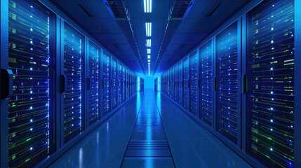 A high-tech data center with rows of servers, blue and green LED lights, symbolizing advanced technology and data storage. Resplendent. - obrazy, fototapety, plakaty