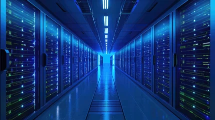 Fotobehang A high-tech data center with rows of servers, blue and green LED lights, symbolizing advanced technology and data storage. Resplendent. © Summit Art Creations
