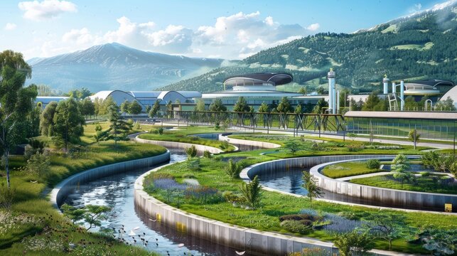 green technology. research laboratories, renewable energy sources, and futuristic surroundings.