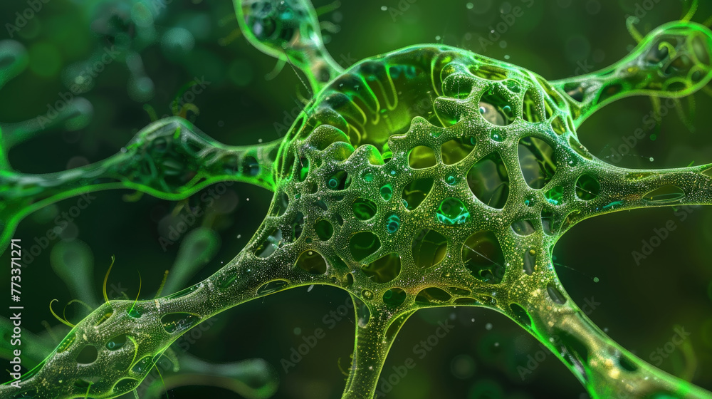 Poster a detailed close-up view of a green plant cell showing the various organelles and structures within 