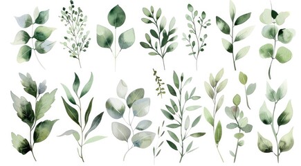 Collection of watercolor floral illustrations with green leaf branches