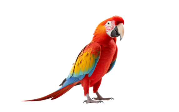 A vibrant, colorful parrot stands gracefully on a white background