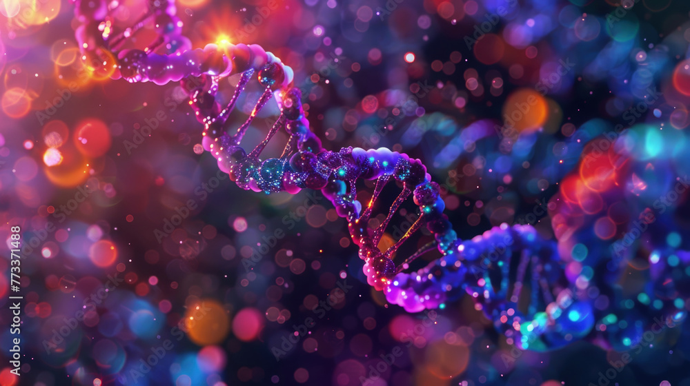 Poster a digital representation of a dna double helix with glowing colors against a bokeh background