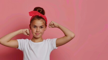 Adorable girl in white t-shirt and red polka dot headband showing biceps while standing against pink background