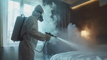 Pest Control Professional Disinfecting a Hotel Room. Sanitization Service Worker Spraying in a Room Interior