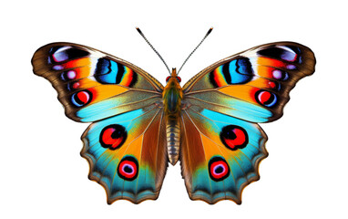 A vibrant butterfly with colorful wings resting on a white background