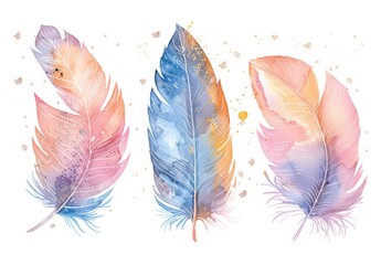 Three delicate watercolor feathers painted in shades of blue, pink, and purple, resting on a clean white background