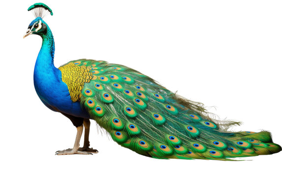 A vibrant peacock proudly displays its grandeur with expansive blue and yellow feathers