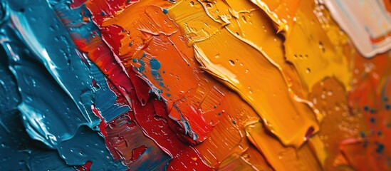 Closeup of abstract rough complementary colors art painting texture background wallpaper, with oil or acrylic brushstroke waves, pallet knife paint on canvas