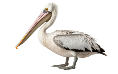 A majestic white pelican with a long beak standing gracefully at the edge of a serene lake