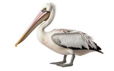 A majestic white pelican with a long beak standing gracefully at the edge of a serene lake