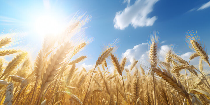 Golden field of wheat and blue sky above