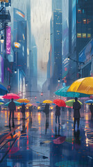 Vector art image of rain falling on a city street full of people with colourful umbrellas with reflections in puddles