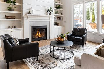A white minimalist wooden Scandinavian modern living room with a fireplace heater, sofas, a rug, and some plants. A coffee table