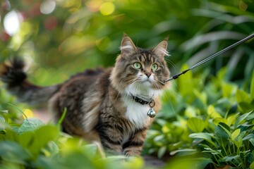 Adventure cats on a leash, tapping into the trend of exploring the outdoors with pets, vibrant outdoor setting with a focus on the cat's curious expression, rich greens and natural light