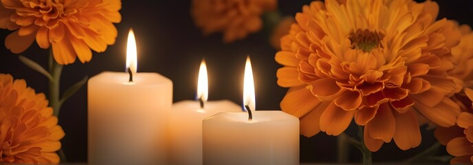 Velas encendidas con flores color naranja de cempasúchil  o flores de dia de muertos en un fondo obscuro. Imagen tamaño banner 