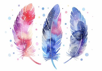 Three delicate watercolor feathers in shades of blue, purple, and orange displayed on a clean white background