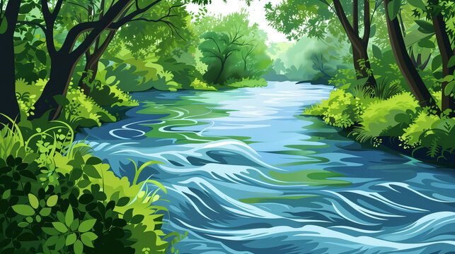 Vector art image of a river flowing through a forest, stylised water with dynamic lines and curves, lush greenery on the banks, bright and calm natural scene