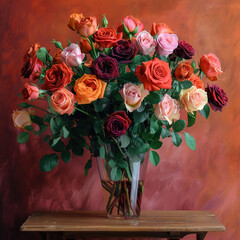 Many colors of roses in a vase on a wooden table