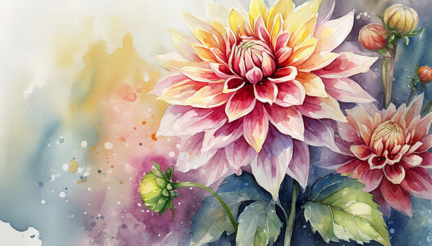Watercolor painting of Dahlia flower. Botanical hand drawn art. Beautiful floral composition.