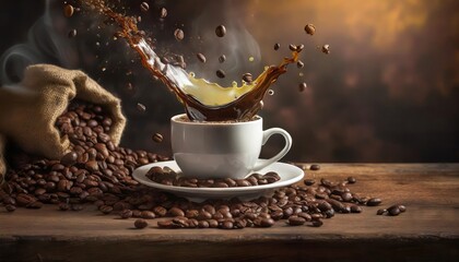 A cup of coffee on a table, coffee beans floating into the cup with a splash of coffee. Advertising concept