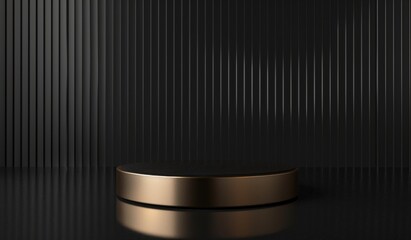 Black background with a golden cylindrical podium, minimal mockup design for a product presentation scene Generative AI