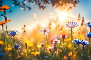 Spring floral background. Summer flowers background with sun light. - obrazy, fototapety, plakaty