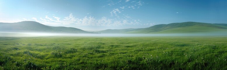 Beautiful spring and summer natural panoramic pastoral landscape with blooming field