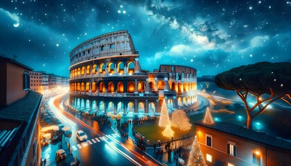 Rome's Colosseum Adorned with Festive Lights for Christmas - obrazy, fototapety, plakaty