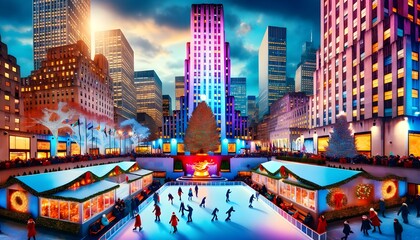 Rockefeller Center's Christmas Scene with Ice Skating in NYC