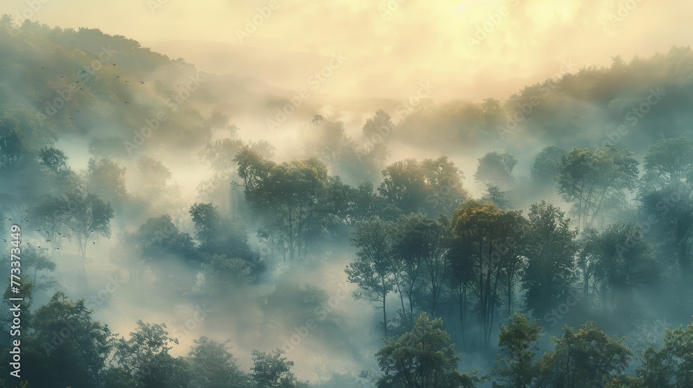 Aufkleber a misty forest with trees and a cloudy sky. the mist is thick and the trees are tall