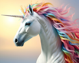 Unicorn with rainbow mane and horn. 3d rendering - obrazy, fototapety, plakaty