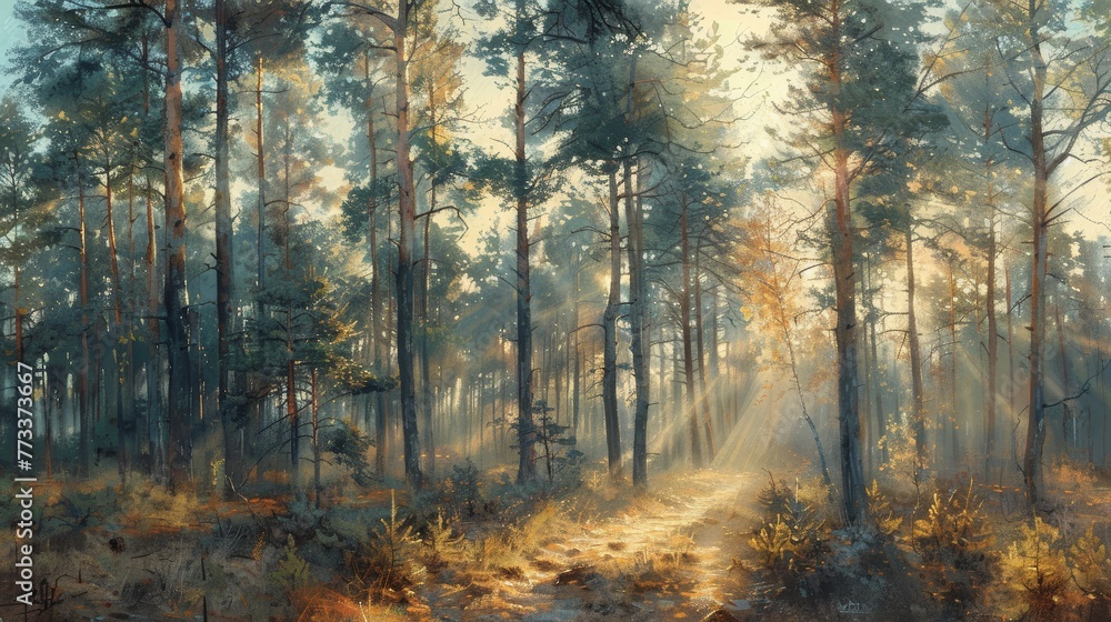 Poster a painting of a forest with a path in the middle. the trees are tall and the sunlight is shining thr