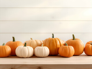 Autumn pumpkins on a wooden shelf in front of a white wall