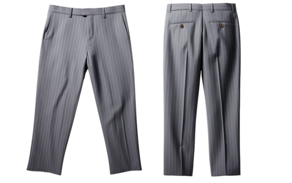 Elegant pair of grey pinstripe pants displayed on a white background