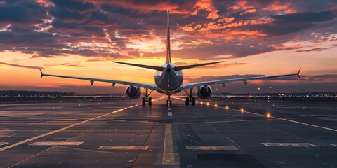 Commercial plane seen from behind on the airport runway at dusk - obrazy, fototapety, plakaty